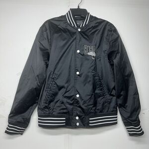 Men’s H&M Jacket Small Black Snap Button Harlem Varsity Bomber Coat Striped Trim